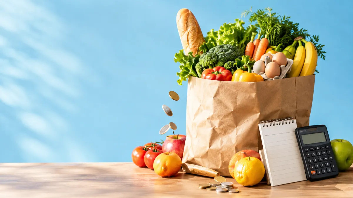 A full grocery bag with a shopping list and calculator