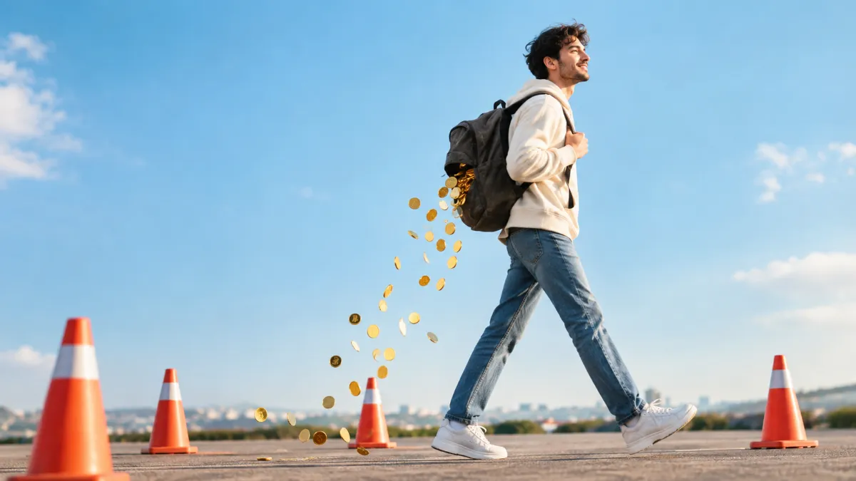 A young person walking as coins fall from a hole in their backpack