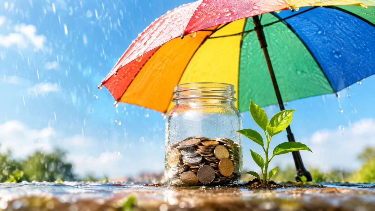 A jar of coins kept dry under a colourful umbrella