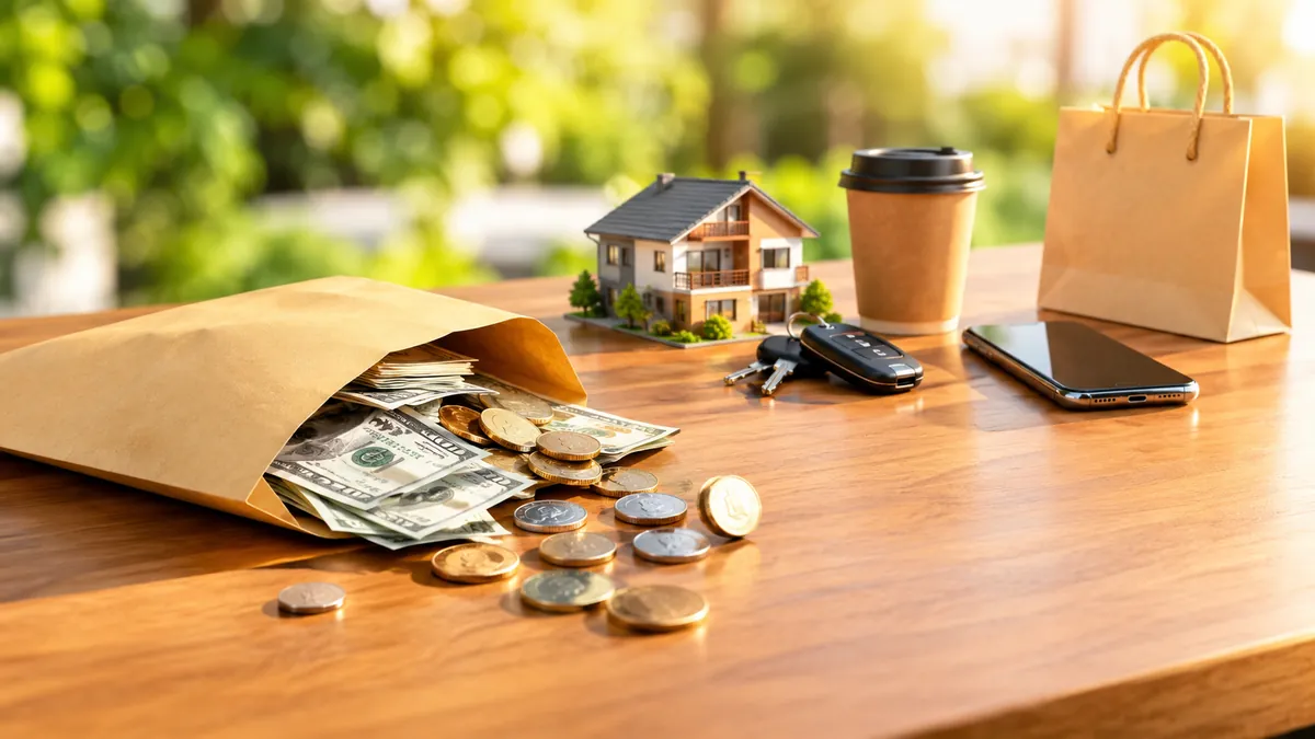 Cash and coins spilling from a paycheck envelope on a table beside a model house, car keys, a coffee cup, a phone and a shopping bag